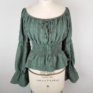 Rose and Grey Boho Style Deep Green Off the Shoulder Gauzy L/S Blouse * Medium